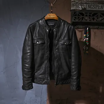 Moto bunda Leather Fashion Slim kožená bunda z jehněčí kůže v ležérním stylu Barva: Černá, Velikost: L