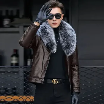 Moto bunda Leather Fashion Zimní bunda z jehněčí kůže s kožešinovou podšívkou Velikost: L, Barva (Varianta): Short brown silver