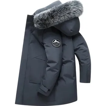 Pánský zimní kabát Leather Fashion Dlouhá zimní péřová parka s kapucí a teplou výplní Barva: Šedá, Velikost: M