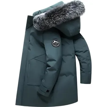 Pánský zimní kabát Leather Fashion Dlouhá zimní péřová parka s kapucí a teplou výplní Barva: Modrá, Velikost: S