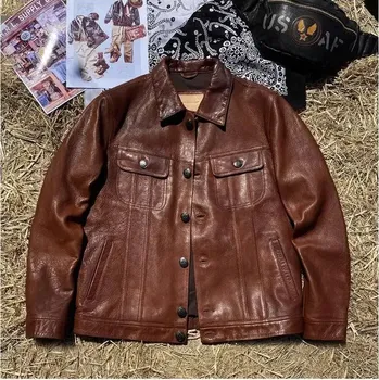 Moto bunda Leather Fashion Kožená bunda z kozí kůže ve vintage střihu Barva: Světle Hnědá, Velikost: 4XL