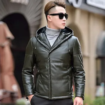 Moto bunda Leather Fashion Zimní péřová bunda z jehněčí kůže s kapucí Barva: Zelená, Velikost: L