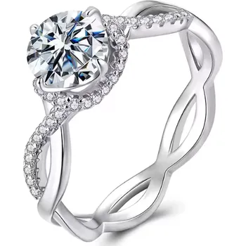 Prsten For Silver Stříbrný prsten s krouceným designem, zirkony a Moissanitem 1ct – Stříbro 925 Velikost prstenu: 59,5mm