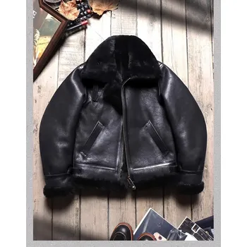 Moto bunda Leather Fashion Zimní pánská pilotní bunda B3 z pravé kůže s vlněnou podšívkou Barva: Černá, Velikost: M