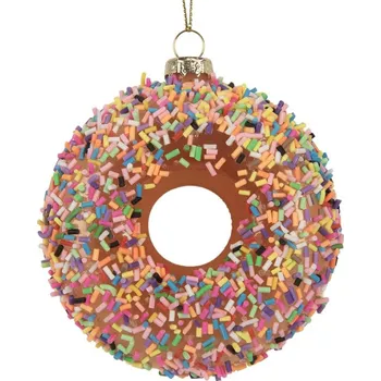 Vánoční ozdoba Skleněná vánoční ozdoba kobliha / donut s duhovou posypkou – 9x4 cm