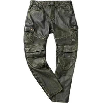 Pánské kalhoty Leather Fashion Pánské motorkářské kalhoty z pravé hovězí kůže Velikost: 4XL, Barva (Varianta): Vintage Green