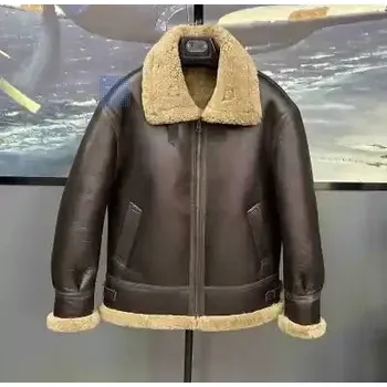 Moto bunda Leather Fashion Zimní pánská pilotní bunda z jehněčí kůže s vlněnou výstelkou Barva: Hnědá, Velikost: 4XL