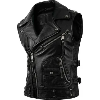 Moto bunda Leather Fashion Pánská motorkářská vesta z pravé hovězí kůže Velikost: M, Barva (Varianta): Black Cowhide