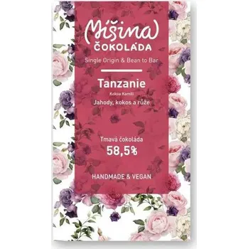 Cukrovinka Hořká čokoláda 58,5% Tanzania s jahodami, kokosem a růží - Míšina čokoláda