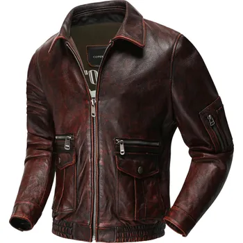 Moto oblečení Leather Fashion Pilotní kožená bunda z pravé hovězí kůže v retro stylu Barva: Hnědá, Velikost: 3XL