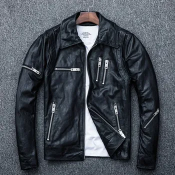 Moto bunda Leather Fashion Lehká bunda z jehněčí kůže pro motorkáře Barva: Černá, Velikost: 4XL