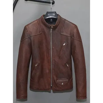 Moto bunda Leather Fashion Kožená bunda z hovězí kůže v motorkářském stylu Barva: Hnědá, Velikost: L