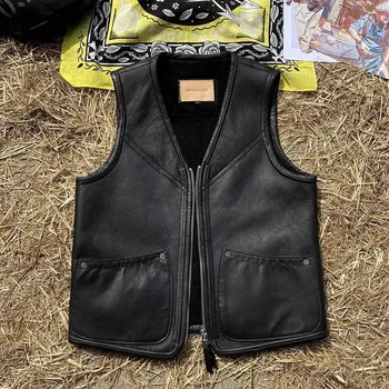 Moto bunda Leather Fashion Kožená vesta z jehněčí kůže s pravým kožíškem Barva: Černá, Velikost: L