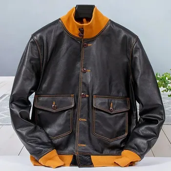 Moto oblečení Leather Fashion Pánská pilotní bunda z pravé hovězí kůže v bomber stylu Velikost: XXS, Barva (Varianta): Yellow collar