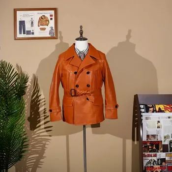 Moto bunda Leather Fashion Klasický kabát z hovězí kůže v námořním stylu Barva: Oranžová, Velikost: S