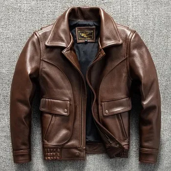 Moto bunda Leather Fashion Krátká kožená bunda z hovězí kůže s klopovým límcem Barva: Hnědá, Velikost: 4XL