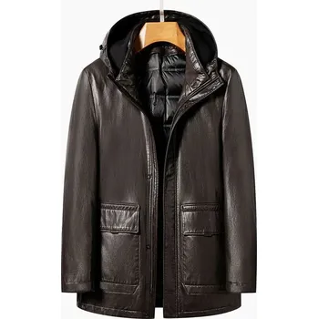 Moto bunda Leather Fashion Zimní péřová bunda z jehněčí kůže s kapucí Barva: Kávová, Velikost: L