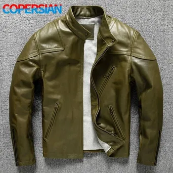 Moto bunda Leather Fashion Slim motorkářská bunda z pravé kůže se stojacím límcem Barva: Zelená, Velikost: S