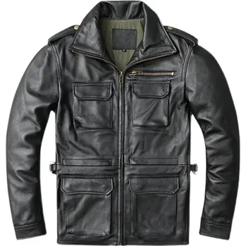 Moto oblečení Leather Fashion Dlouhá kožená bunda M65 s kapsami v armádním stylu Velikost: 2XL, Barva (Varianta): Černá