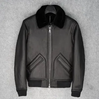Moto bunda Leather Fashion Zimní letecká bunda z pravé ovčí kůže s vlněnou podšívkou Barva: Černá, Velikost: L