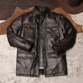 Moto bunda Leather Fashion Dlouhá kožená safari bunda z hovězí kůže v loveckém stylu Barva: Hnědá, Velikost: 4XL