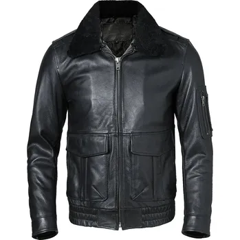 Moto bunda Leather Fashion Pilotní bunda z hovězí kůže s kožešinovým límcem Velikost: 4XL, Barva (Varianta): Black Cowhide