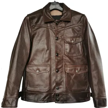 Moto oblečení Leather Fashion Kožená bunda z hovězí kůže s límcem a voskovaným povrchem Velikost: M, Barva (Varianta): Tmavě hnědá