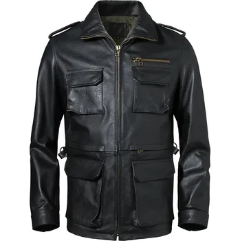 Moto bunda Leather Fashion Dlouhý vojenský kabát z pravé hovězí kůže Velikost: M, Barva (Varianta): Black Cowhide