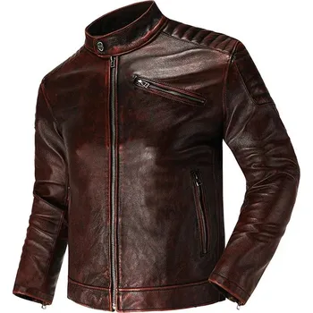 Moto bunda Leather Fashion Pánská lovecká bunda z pravé hovězí kůže v retro motorkářském stylu Barva: Hnědá, Velikost: 4XL