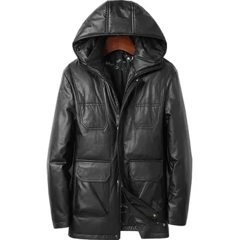 Moto bunda Leather Fashion Pánská kožená bunda s kapucí z pravé hovězí kůže v prodlouženém střihu Barva: Černá, Velikost: L