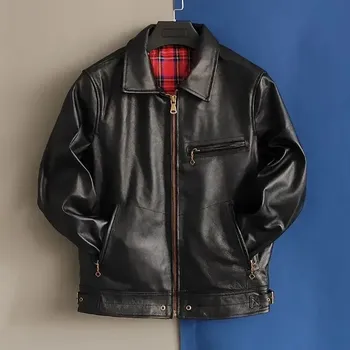 Moto oblečení Leather Fashion Pánská kožená bunda z hovězí kůže ve vintage stylu Barva: Černá, Velikost: L