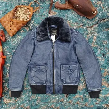 Moto bunda Leather Fashion Pilotní bunda z hovězí kůže s vlněným límcem Barva: Modrá, Velikost: S