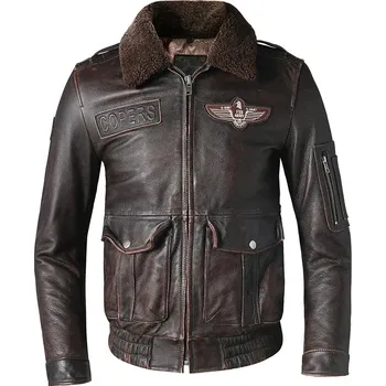 Moto bunda Leather Fashion Pilotní bunda z hovězí kůže s kožešinovým límcem Velikost: XS, Barva (Varianta): Vintage Red Black