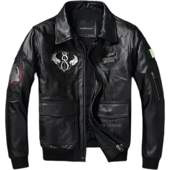 Moto oblečení Leather Fashion Letecká bunda z hovězí kůže s výšivkou v armádním střihu Velikost: L, Barva (Varianta): Černá