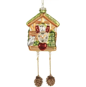 Vánoční ozdoba Skleněná vánoční ozdoba hodiny kukačky s šiškami – 8x5x11 cm