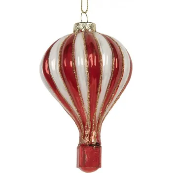 Vánoční ozdoba Červeno-bílá skleněná vánoční ozdoba horkovzdušný balon – 6x9 cm