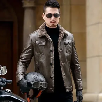 Moto bunda Leather Fashion Krátká pánská kožená bunda z jehněčí kůže s hřejivým lemem Velikost: S, Barva (Varianta): Salted vegetable