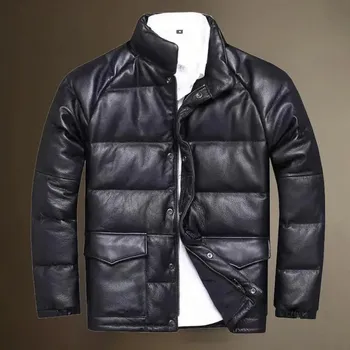 Moto bunda Leather Fashion Zimní péřová bunda z hovězí kůže s teplou výplní Barva: Černá, Velikost: L