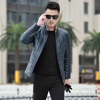 Moto bunda Leather Fashion Pánská zimní bunda z jehněčí kůže s norkovým límcem Barva: Modrá, Velikost: L