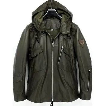 Moto bunda Leather Fashion Kožený kabát z jehněčí kůže s kapucí v armádním stylu Velikost: S, Barva (Varianta): Green B