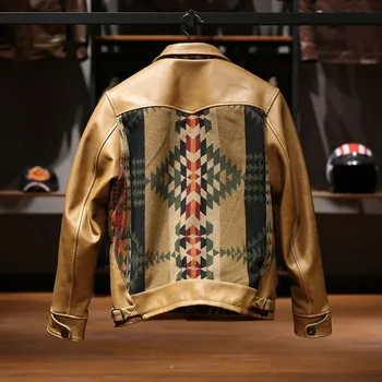 Moto bunda Leather Fashion Stylová bunda z hovězí kůže s vlněnými detaily v navajo stylu Velikost: L