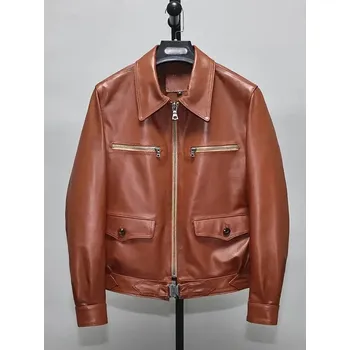Moto bunda Leather Fashion Kožená bunda z jehněčí kůže pro přechodné období Barva: Hnědá, Velikost: 4XL