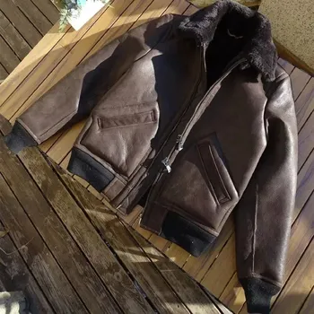 Moto bunda Leather Fashion Krátká pilotní bunda z pravé jehněčí kůže s vlněnou podšívkou Barva: Hnědá, Velikost: M
