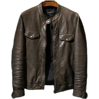 Moto bunda Leather Fashion Slim kožená bunda z jehněčí kůže v ležérním stylu Barva: Hnědá, Velikost: M