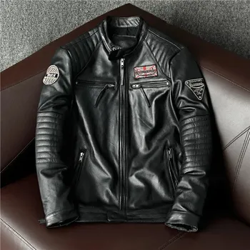 Moto bunda Leather Fashion Kožená bunda s výšivkami z pravé kůže v úzkém střihu Barva: Černá, Velikost: 5XL