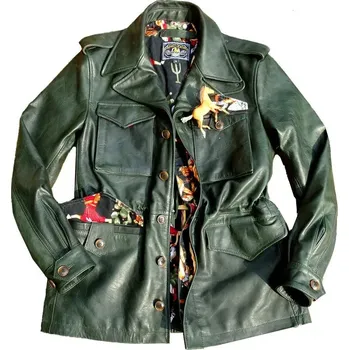 Moto bunda Leather Fashion Kožená bunda z koňské kůže v loveckém střihu M43 Barva: Tmavě Zelená, Velikost: L