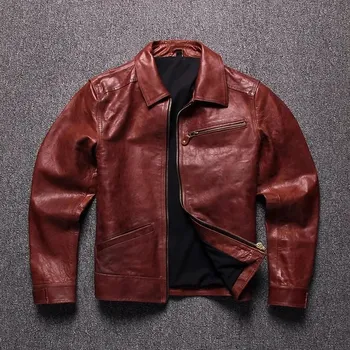 Moto bunda Leather Fashion Elegantní bunda z voskované hovězí kůže v retro stylu Barva: Bordová, Velikost: 4XL