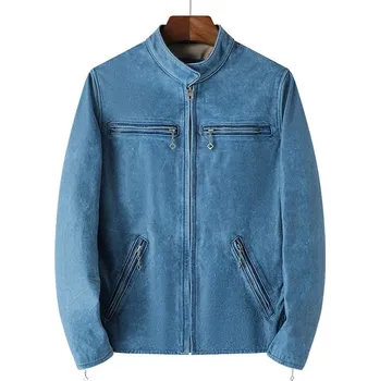 Moto bunda Leather Fashion Kožená motorkářská bunda v retro střihu se stojáčkem Barva: Modrá, Velikost: 2XL