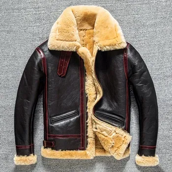 Moto bunda Leather Fashion Pánská letecká bunda B3 z ovčí kůže s pravým beránkem Hnědá L