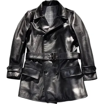 Moto bunda Leather Fashion Kožený kabát z pravé hovězí kůže v námořním stylu Barva: Černá, Velikost: L